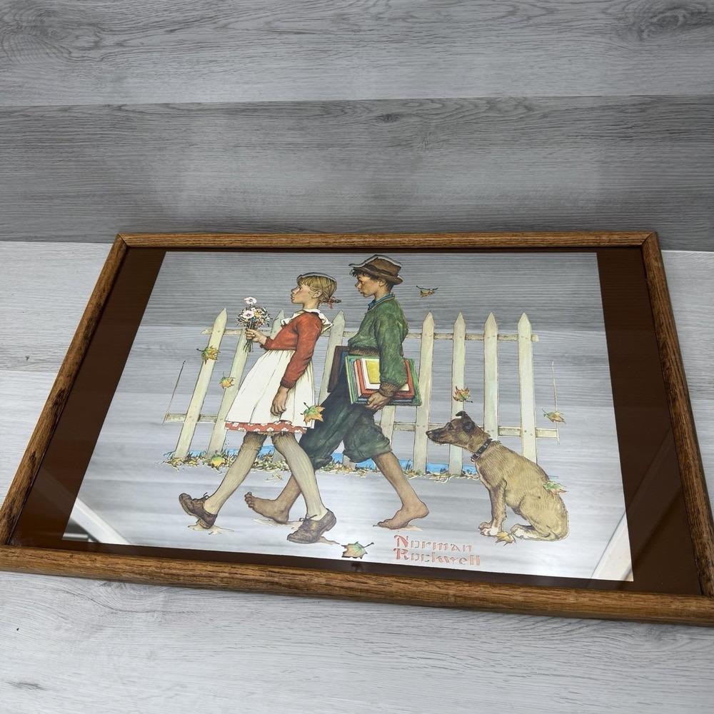 Norman Rockwell Walking to School Framed Mirror Oak Wood Vintage Wall Decor